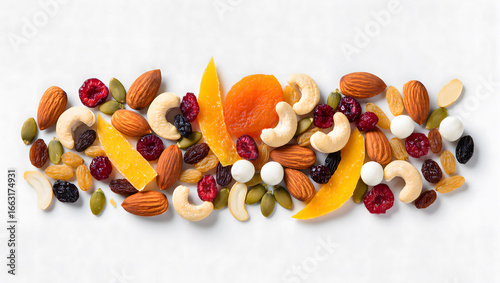 Top view of mixed trail mix with nuts and dried fruits, isolated on transparent background, professional food photography style