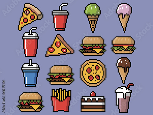 Pixel Art Fast Food Icon Set Featuring Pizza Burgers Drinks and Desserts Nostalgic 8 bit Style Design