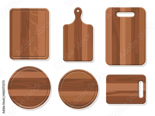 Selection of Wooden Cutting Boards in Various Shapes for Kitchen Utensils and Food Preparation Illustration