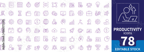 Professional vector icon set with 78 editable linear icons for productivity, task management, workflow, and time tracking.
