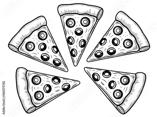 Delicious Pizza Slices with Olives Black and White Illustration Ready to Eat Perfect for Food Blog or Restaurant Menu Design