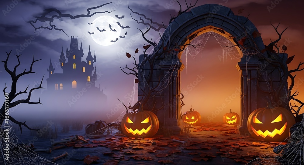 Fototapeta premium Eerie Halloween night scene featuring a haunted house, bats and glowing pumpkins.