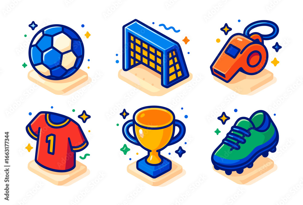 Fototapeta premium Colorful soccer icons featuring ball, goal, whistle, jersey, trophy, and cleat illustrations