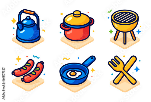 Colorful kitchen and bbq utensils_ kettle, pot, grill, sausages, frying pan, utensils