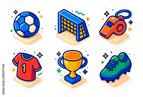 Colorful soccer icons featuring ball, goal, whistle, jersey, trophy, and cleat illustrations
