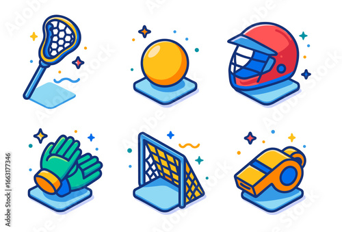 Colorful sports equipment collection_ lacrosse, baseball, and soccer icons