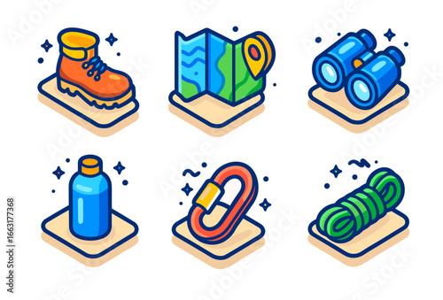 Essential hiking gear_ boots, map, binoculars, water bottle, carabiner, rope icons