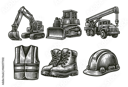 Vintage construction equipment and gear illustration featuring excavator, bulldozer, crane, vest, boots, and hard hat