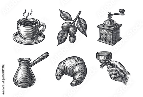 Vintage coffee elements_ cup, grinder, beans, croissant, turkish pot, portafilter