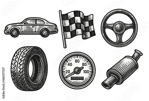 Vintage car elements illustration with checker flag and speedometer design