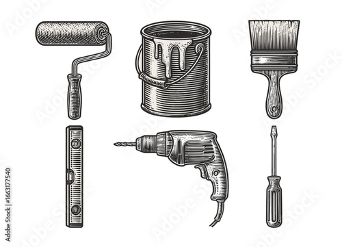 Vintage hand tools_ paint roller, brush, drill, screwdriver, can, level