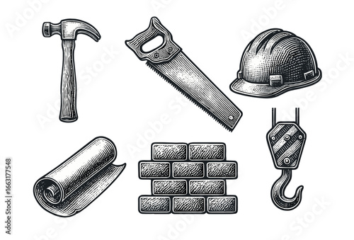 Vintage construction tools illustration with hammer, saw, hard hat, blueprint, bricks, hook