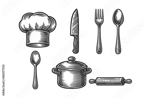 Vintage kitchen utensils chef hat, knife, fork, spoon, pot, rolling pin