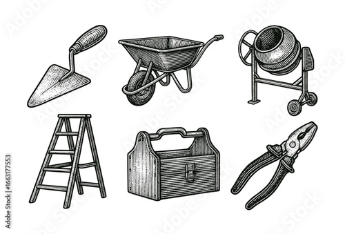 Vintage construction tools_ trowel, wheelbarrow, cement mixer, ladder, toolbox, pliers illustration