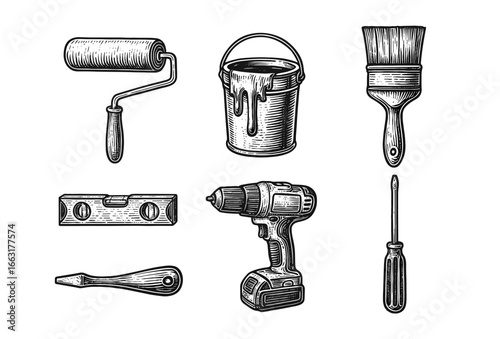 Vintage hand tools illustration_ roller, paintbrush, bucket, drill, screwdriver, level