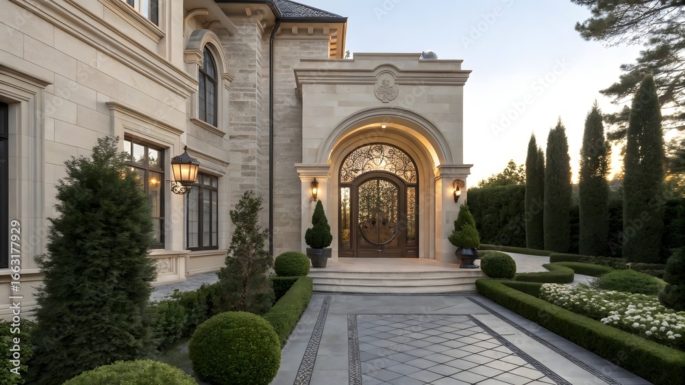 Obraz premium Elegant Luxury House Entryway with Stone Arched Door