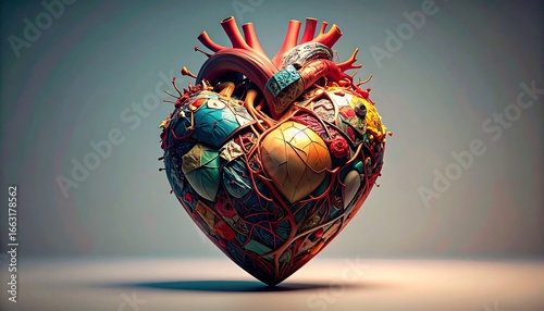 Colorful, surreal 3D rendering of a heart
