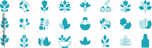 Blue Botanical Herb Elements Flowers Leaves Potions Icons on White Background