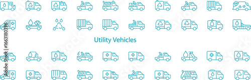 Blue Line Style Vehicles Icons; Dump Trucks, Tow Trucks, Tanker Trucks, Ambulance
