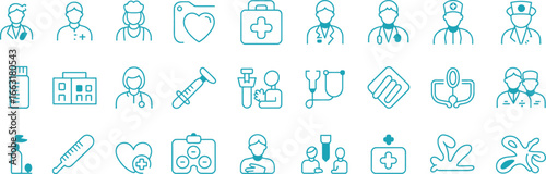 Blue Medical Line Icons Collection Doctors, Stethoscope, Syringe, Medicine, Hospital