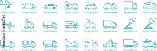 Blue Outline Vehicles Set, Airplane, Cars, Trucks, Satellite Dish, Isolated on White