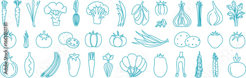 Blue Outlined Vegetable Seamless Pattern, Carrots, Tomato, Potato, Asparagus, Onion Line art