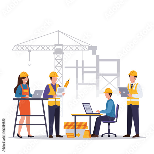 A professional team of architects and engineers collaborates on a complex construction project, meticulously reviewing blueprints and plans using modern technology.