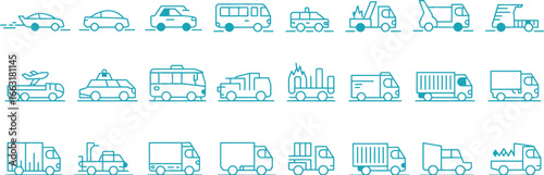 Collection of Vehicles Icons, Blue Line Style, Car, Bus, Truck, Isolated on White