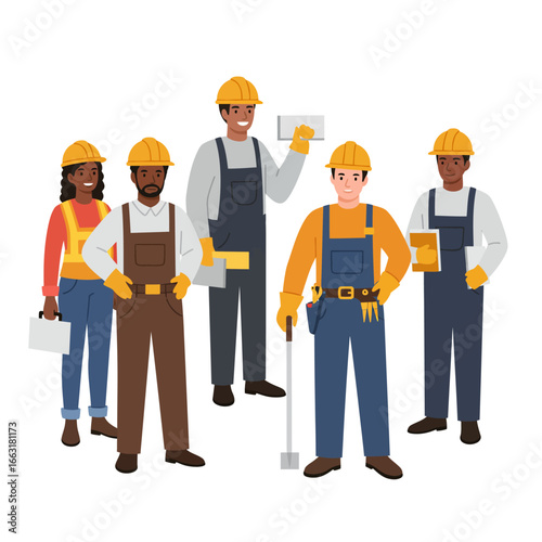 A diverse and skilled team of construction workers and tradespeople, including men and women, confidently stand together, ready for their next building project.