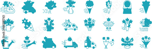 Flower Delivery Service Silhouette Icons in Turquoise on a White Background