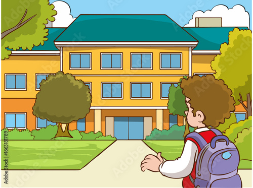 Happy and diverse school children with backpacks, excited kids ready to go to school, cheerful children returning home from school, illustration of primary school students