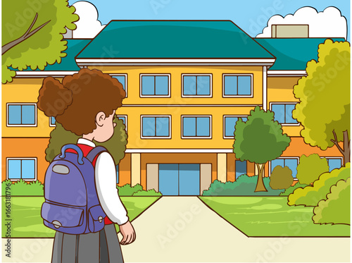 Happy and diverse school children with backpacks, excited kids ready to go to school, cheerful children returning home from school, illustration of primary school students