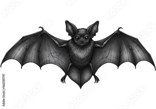 Monochrome Bat Illustration Nocturnal Creature Wingspan Dark Background isolated on transparent background