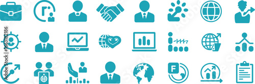 Isolated Teal Business Concept Icons Set, Handshake, Globe, Laptop on White Background