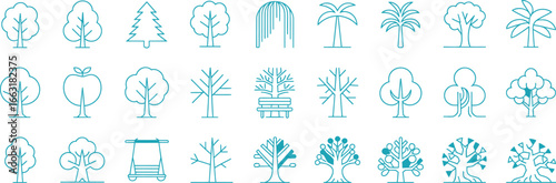 Line Art Set of Tree Icons, Various Styles, Deciduous and Evergreen Trees, Transparent