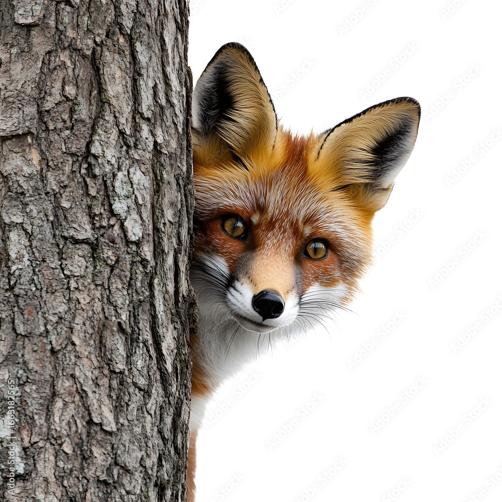 Obraz premium Curious Fox Peeking Behind Tree Trunk - Wildlife Animal Nature Photography