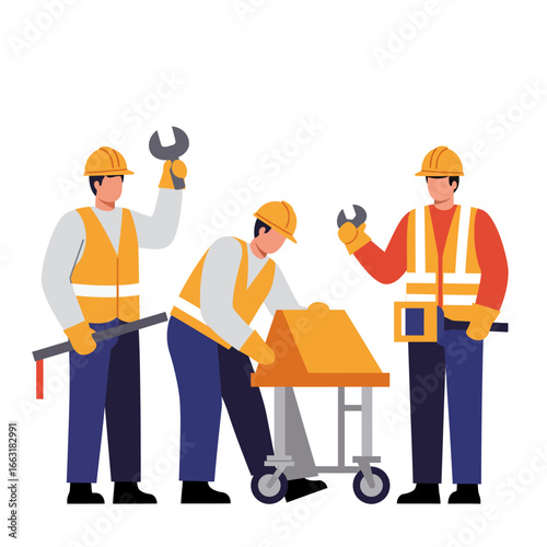 Three male construction workers wearing safety gear are diligently collaborating on a project, using tools and moving equipment, illustrating teamwork and efficiency.