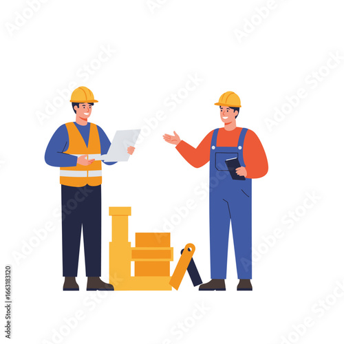 Two smiling construction workers in hard hats and safety vests are discussing blueprints and plans on a job site with tools and materials.
