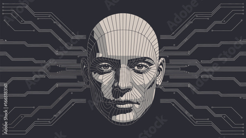 Stylized digital representation of a human face with circuit board patterns on a dark background