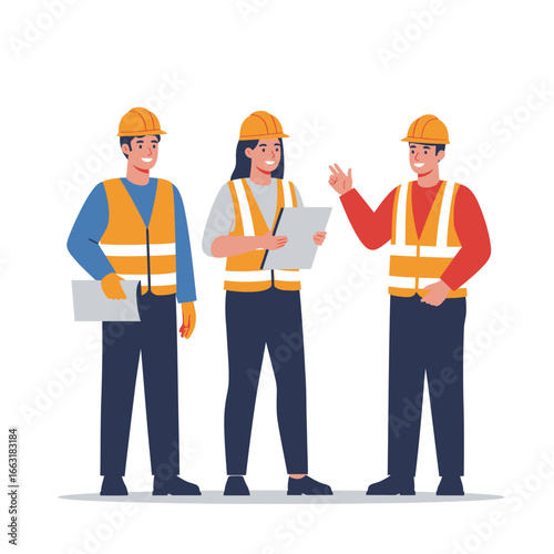 A diverse team of construction professionals, including men and a woman, actively collaborate on a project, reviewing plans and discussing vital details.