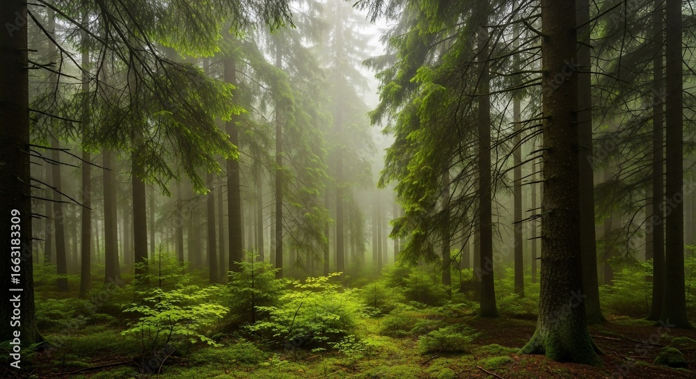 Obraz premium Misty Green Forest Enchantment: A Serene Coniferous Woodscape