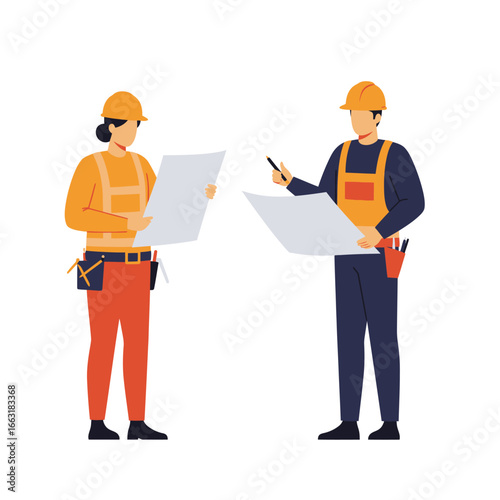 Two construction workers, a man and a woman, are reviewing building blueprints together, collaborating on a project with safety gear.