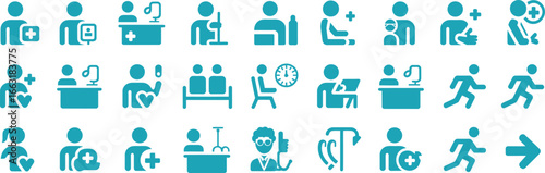 Teal Medical Healthcare Pictogram Icon Set, People with Staff on Transparent Background