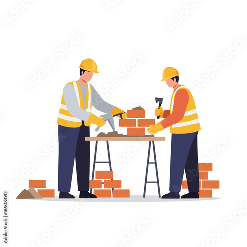 Two skilled construction workers in safety gear diligently build a brick wall, demonstrating teamwork and professional craftsmanship on a job site.