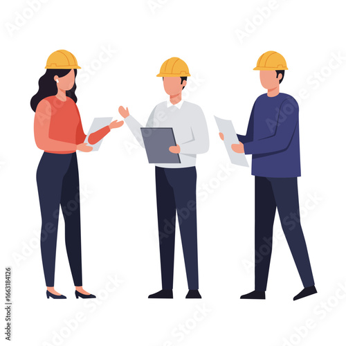 A diverse team of professional engineers and architects, wearing safety hard hats, collaboratively reviews project plans and blueprints.