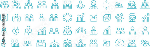 Teal Thin Line Style Teamwork and Business People Icon Set on White