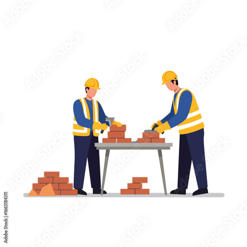 Two skilled construction workers in safety gear diligently lay bricks, showcasing teamwork and the essential process of building and masonry on a clean white background.