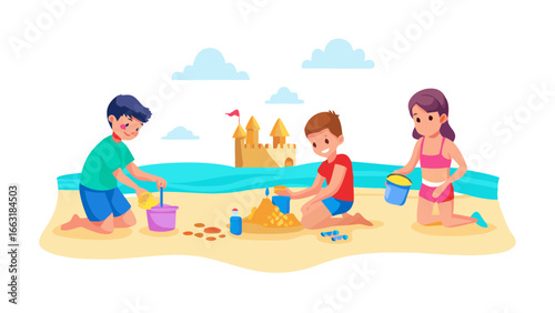 Three happy children playing on a sandy beach, building sandcastles with buckets and shovels under a blue sky.