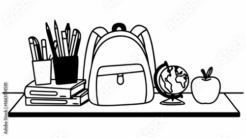 Black and white line art illustration of school supplies on a shelf, including a backpack, books, pencils, a globe, and an apple.