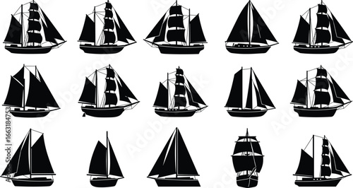 Black silhouette collection of various sailing ships and boats, classic vintage sailboats with sails, nautical vessels in different styles